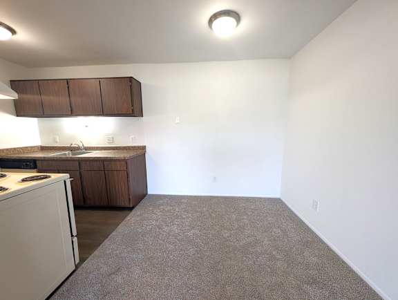 Open studio space with kitchenette and beige carpet at Charter Oaks Apartments, Davison, MI, 48423