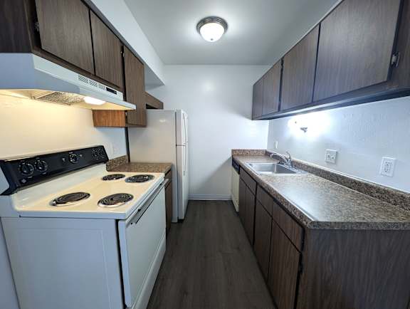 Galley kitchen with electric stove and wood cabinets at Charter Oaks Apartments, Davison, MI, 48423