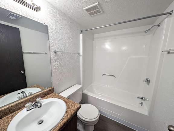 Bathroom with tub shower combo and vanity sink at Charter Oaks Apartments, Davison, MI, 48423