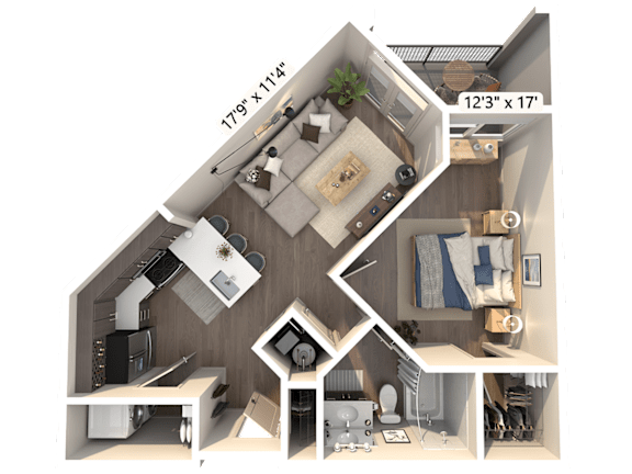 A 3D floor plan of a 1 bedroom apartment with a kitchen, living room, and bedroom