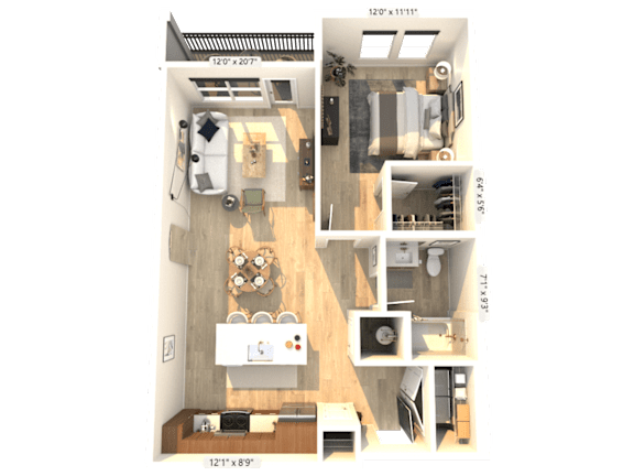 A floor plan of a small apartment with a kitchen, living room, and two bedrooms.