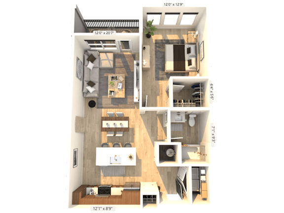 A floor plan of a two-bedroom apartment with dimensions.
