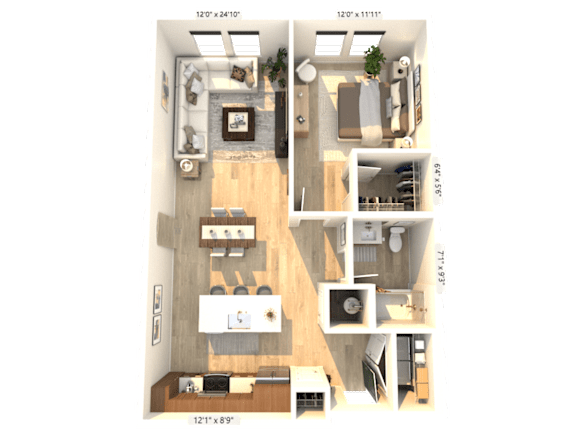 A 3D floor plan of a small apartment with a kitchen, living room, and bedroom.