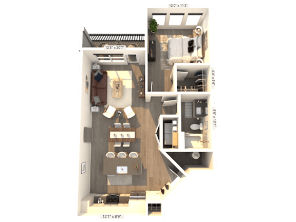 A 3D floor plan of a small apartment with a kitchen, living room, and bathroom.