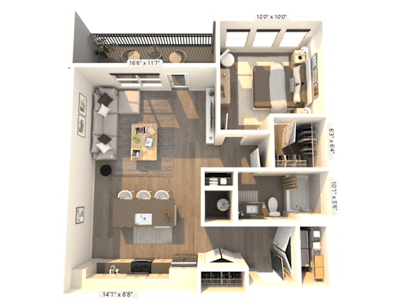 A 3D floor plan of a small apartment with a kitchen, living room, and bedroom.