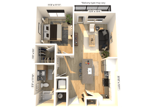 A 3D floor plan of a small apartment with a kitchen, living room, and bedroom.