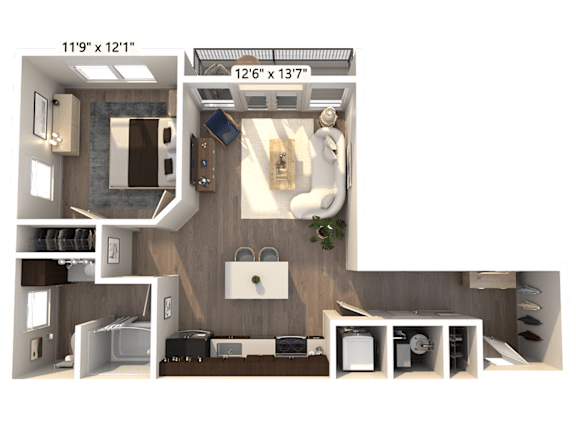 A 3D floor plan of a small apartment with a kitchen, living room, and bathroom