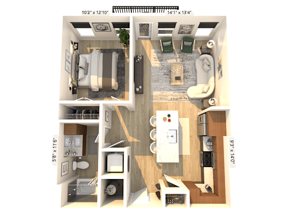 A 3D floor plan of a small apartment with a living room, kitchen, and bathroom.