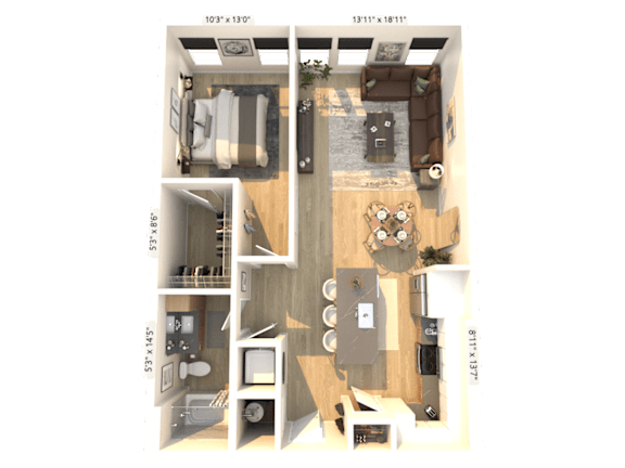 A 3D floor plan of a small apartment with a living room, kitchen, and two bedrooms.