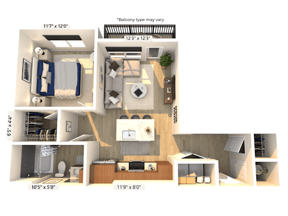 A floor plan of a house with dimensions and a note that balcony type may vary.