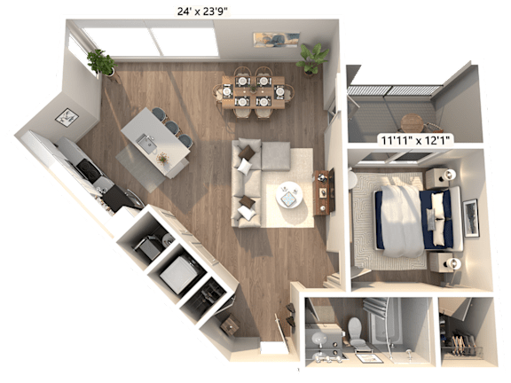 A 3D floor plan of a 1 bedroom apartment with a living room, kitchen, and bathroom