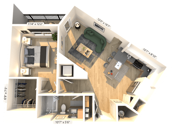 A 3D floor plan of a small apartment with a living room, kitchen, and bathroom.