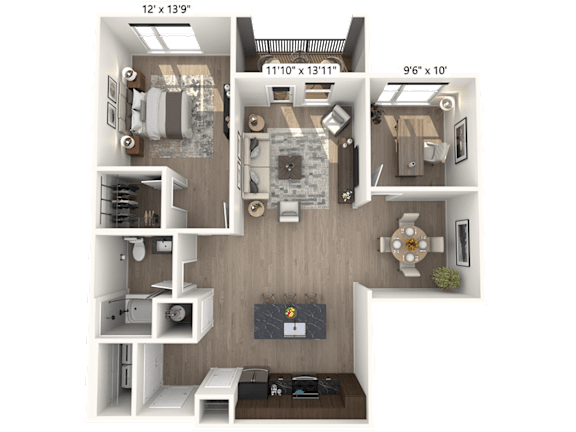 A 3D floor plan of a small apartment with a kitchen, living room, and bedroom