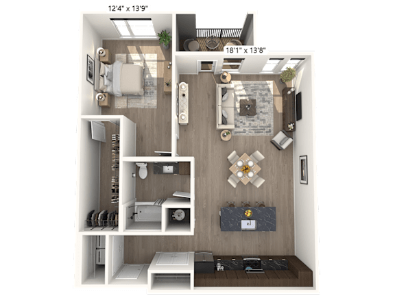 A 3D floor plan of a small apartment with a living room, kitchen, and bathroom