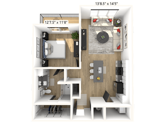 A 3D floor plan of an apartment with a living room, kitchen, and bedroom