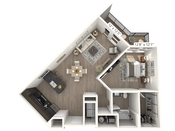A 3D rendered image of an apartment layout with a kitchen, living room, and bathroom