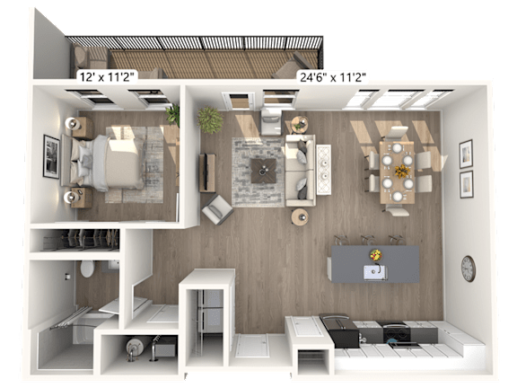 A 24 by 12 inch floor plan of a room with furniture and appliances