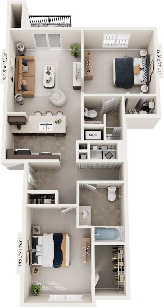 Two Bedroom Two Bath 3D Floor Plan at Andover Pointe Apartment Homes, La Vista