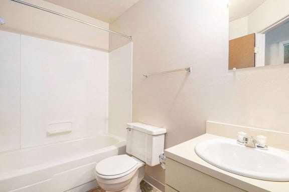 a bathroom with a sink toilet and a bath tub at Apple Ridge Apartments, Michigan