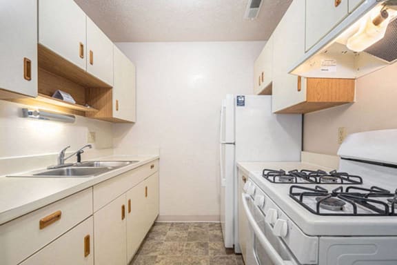 a kitchen with a stove and a sink and a refrigerator at Apple Ridge Apartments, Michigan, 49534