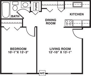 One bedroom standard floor plan at Apple Ridge Apartments in Walker, MI