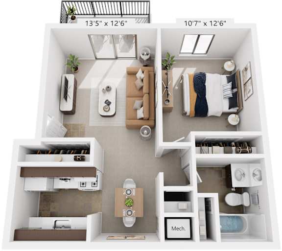 One Bedroom Deluxe 3D Floor Plan at Apple Ridge Apartments, Walker