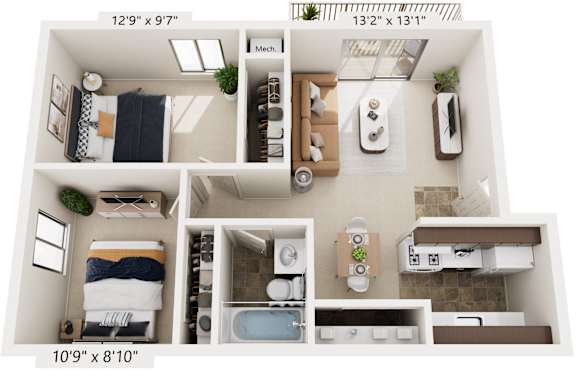 Standard Two Bedroom 3D Floor Plan at Apple Ridge Apartments, Michigan