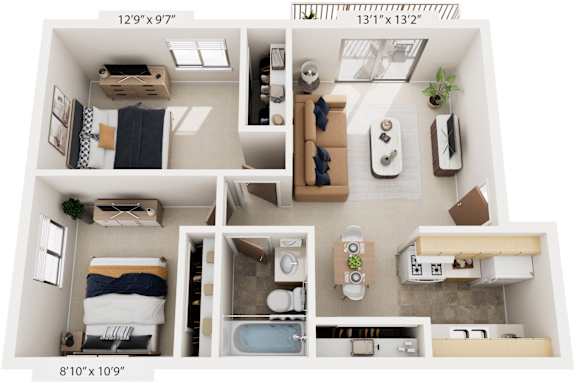 Standard Two Bedroom 3D Floor Plan at Apple Ridge Apartments, Michigan