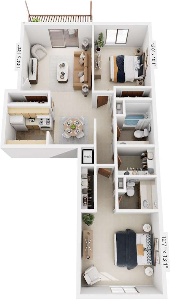 Two Bedroom, One & One-Half Bathroom Walk-Thru 3D Floor Plan at Apple Ridge Apartments in Walker, MI