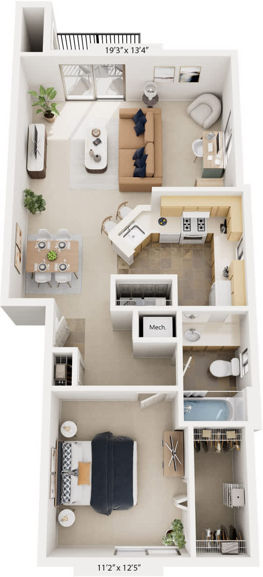 One Bedroom End 3D Floor Plan at Arbor Lakes Apartments, Indiana, 46516