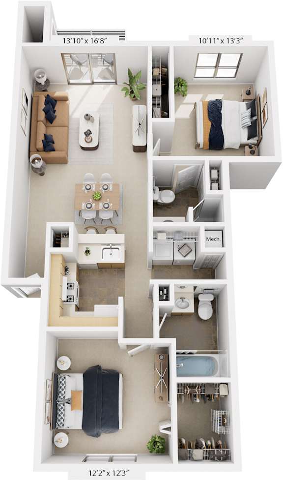 Two bedroom Two Bathroom 3D floor plan at Arbor Lakes Apartments in Elkhart, IN