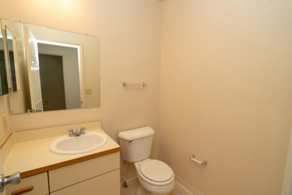a bathroom with a toilet and a sink and a mirror at Autumn Lakes Apartments and Townhomes, Mishawaka, 46544