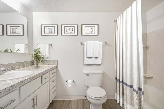 A bathroom with a toilet, sink, and shower at Autumn Lakes Apartments and Townhomes in Mishawaka, IN