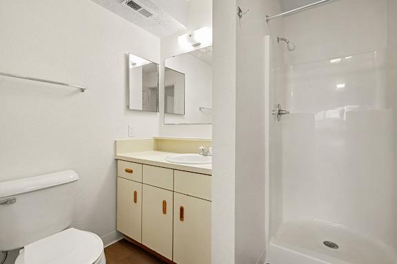 An ensuite bathroom with a toilet, sink, mirror, and shower at Autumn Lakes Apartments and Townhomes in Mishawaka, IN