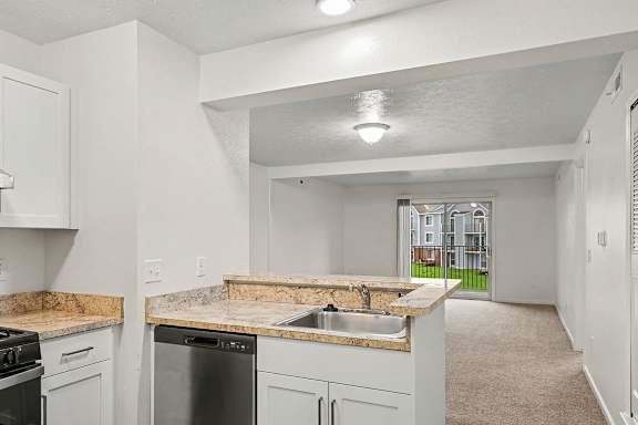 A kitchen with a granite countertop and a dishwasher.