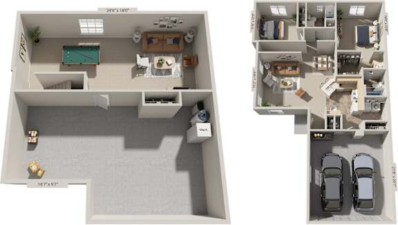 Two bedroom ranch 3D floor plan at Autumn Lakes Apartments and Townhomes, Mishawaka, 46544
