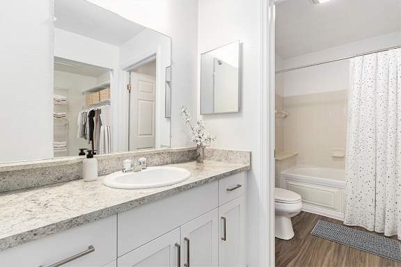 A white bathroom with a sink, large mirror and countertop, along with a bathtub at Autumn Lakes Apartments and Townhomes, Mishawaka, 46544