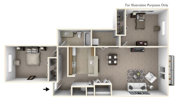 2-Bed/1-Bath, Azalea Floor Plan at Portsmouth Apartments, Novi, MI, 48377