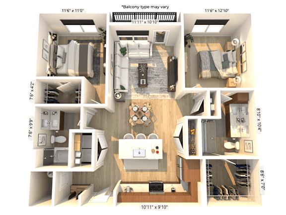 A floor plan of a balcony type may vary is shown.