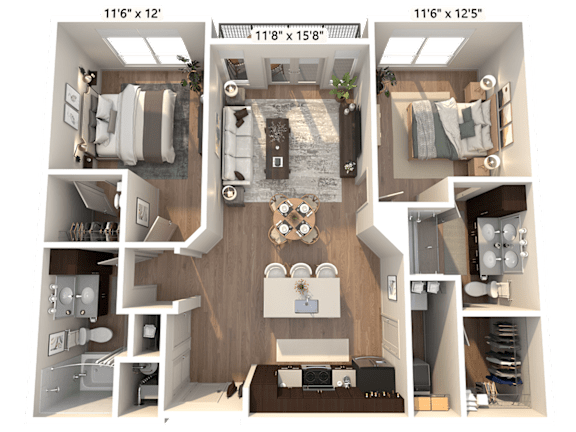 A 3D floor plan of a 2 bedroom apartment with a living room, kitchen, and two bedrooms