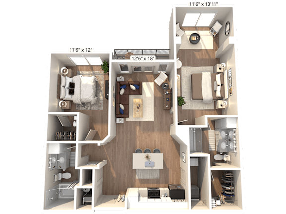 A 3D floor plan of an apartment with two bedrooms, a living room, a kitchen, and a bathroom