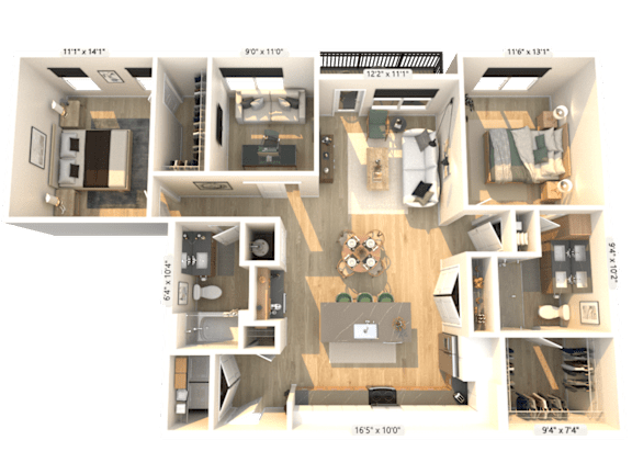A 3D floor plan of a house showing the layout of the rooms.