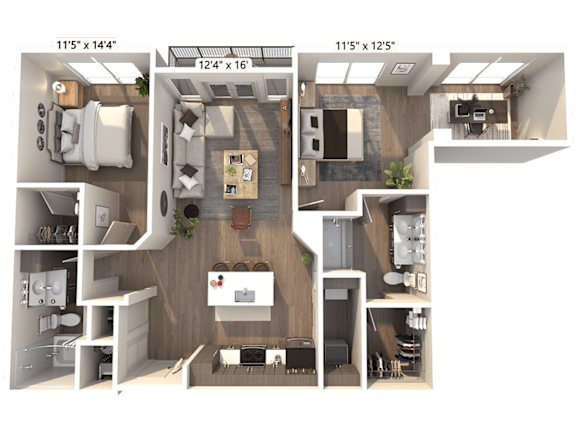 A 3D floor plan of an apartment showing the layout of the rooms