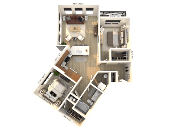 A 3D floor plan of a house with labeled rooms.