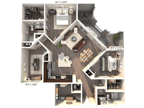 A 3D floor plan of a house with a living room, kitchen, and two bedrooms