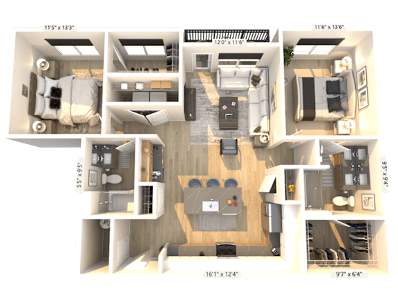 A 3D floor plan of a house with dimensions and room layout.