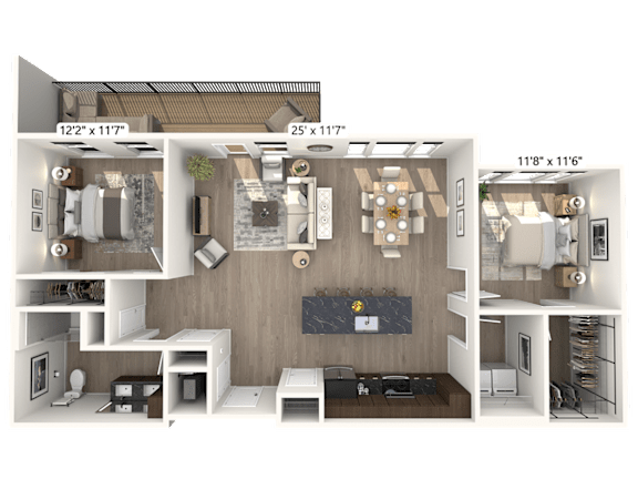 A 3D floor plan of a house showing the layout of the rooms