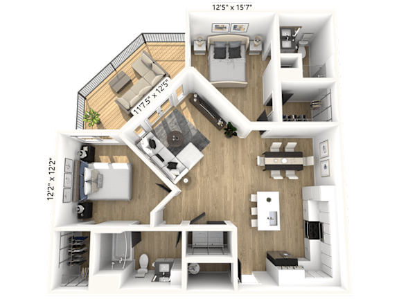 A 3D floor plan of a two-bedroom apartment with dimensions