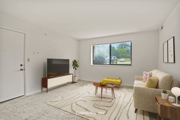 3d visualization of a living room with a window at Beacon Hill and Great Oaks Apartments, Rockford, IL