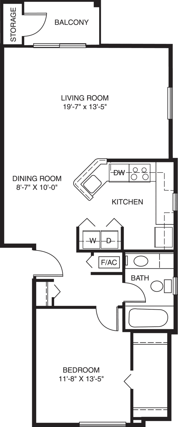 One bedroom end floor plan at Black Sand Apartment Homes in Lincoln, NE